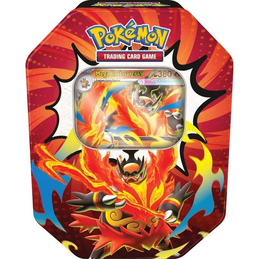 Ascended Heroes Tin (Mega Emboar ex) box and contents