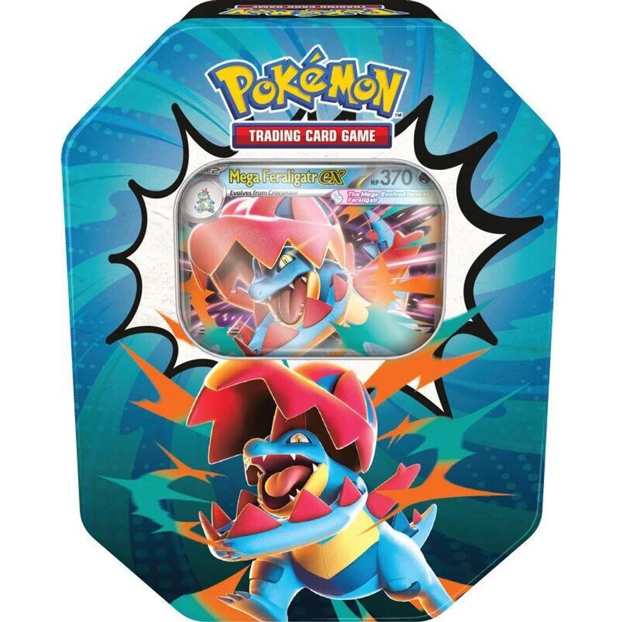 Ascended Heroes Tin (Mega Feraligatr ex) box and contents
