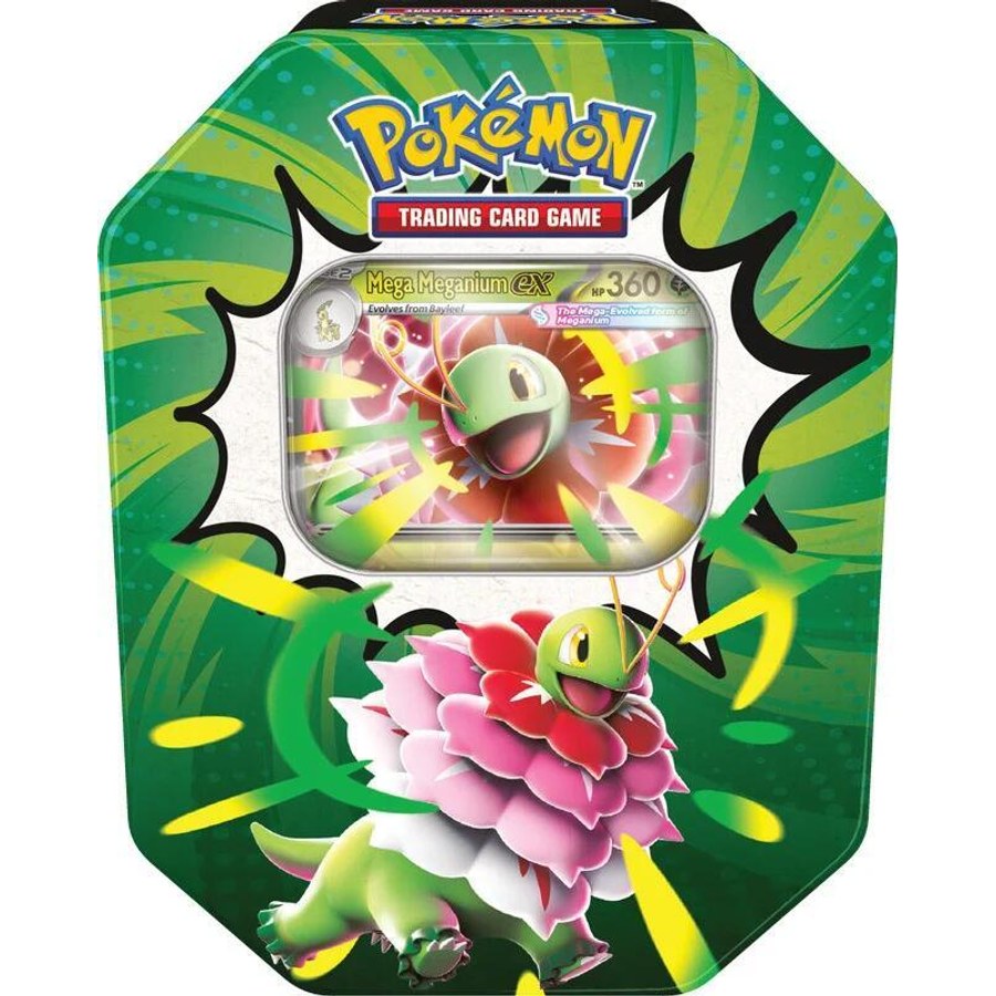 Ascended Heroes Tin (Mega Meganium ex) box and contents