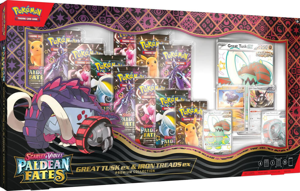 Paldean Fates Great Tusk ex & Iron Treads ex Premium Collection box and contents